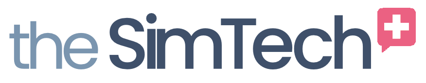 Logo displaying "the SimTech" in lowercase letters with a speech bubble containing a white plus sign on the right side. The text is in a dark blue shade.