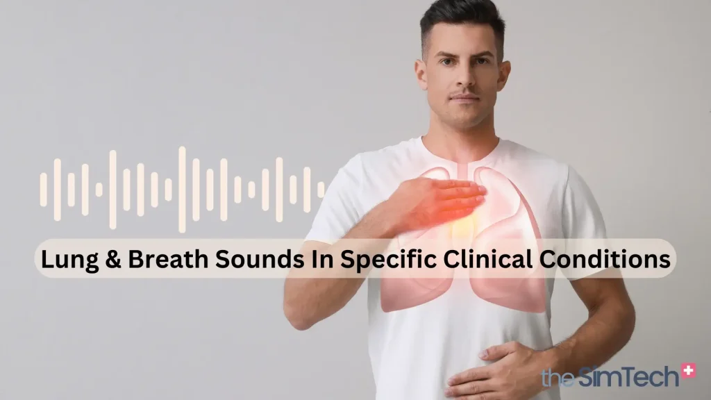 A man gestures towards an illustration of lungs on his t-shirt, with audio waveform graphics and text reading "Lung & Breath Sounds In Specific Clinical Conditions. It is a blog post on 'theSimTech' website.