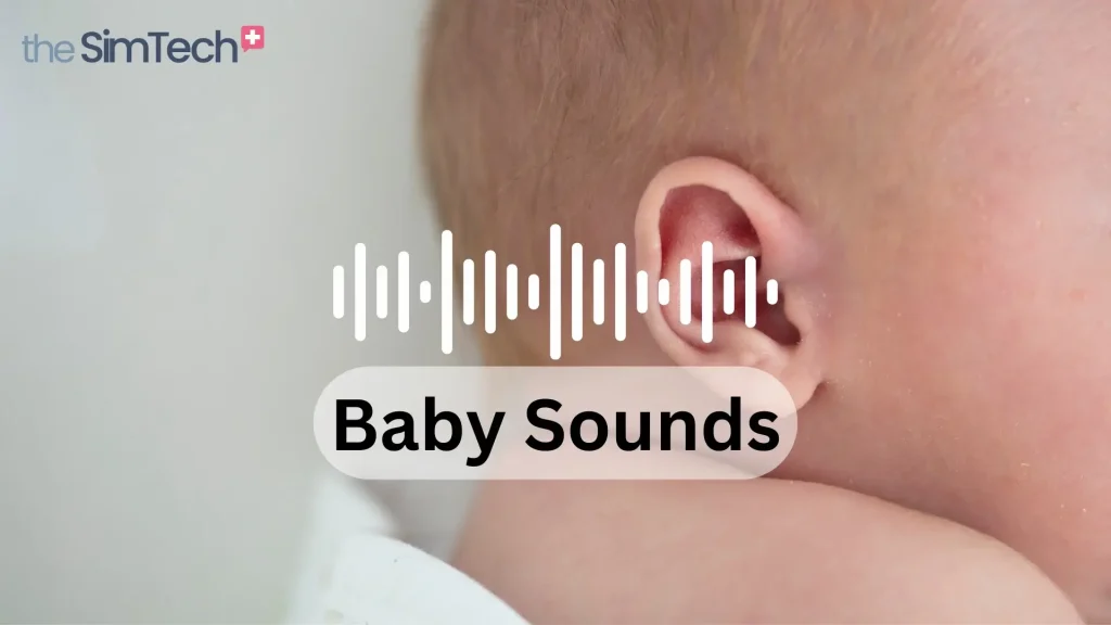 Close-up of a baby's ear with sound wave graphics and the text "Baby Sounds." TheSimTech logo is prominently displayed in the top left corner. The image implies clinical mp3 audio content related to baby sounds.