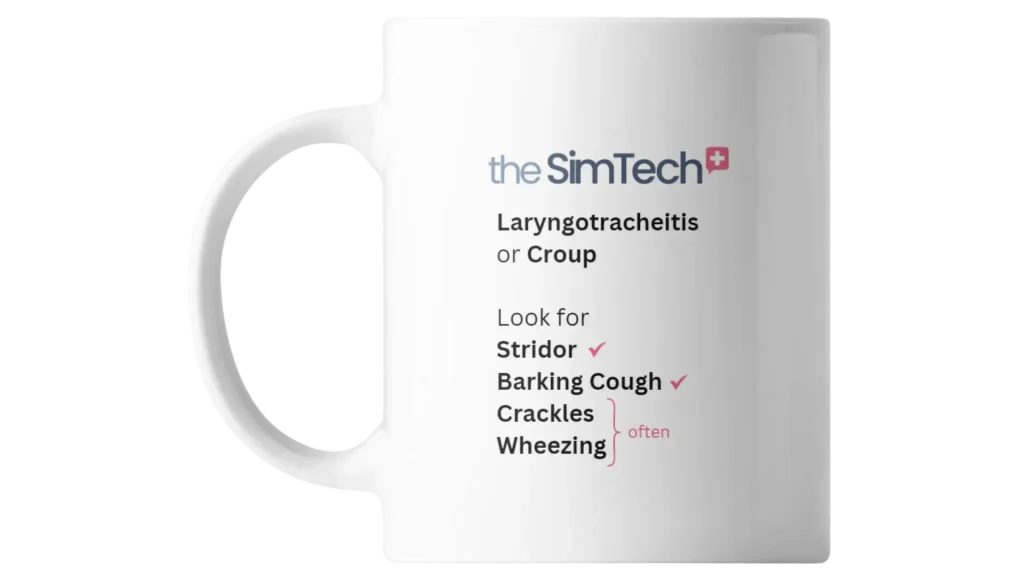 A white mug with text listing symptoms of laryngotracheitis or croup, including stridor, barking cough, crackles, and often wheezing.