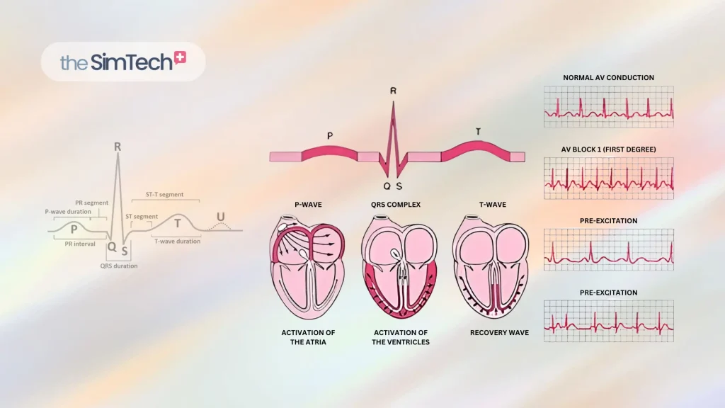 Diagram of heart activation, showing P-wave, QRS complex, and T-wave. Includes heart illustrations for atria and ventricles, and charts for AV block, pre-excitation, and recovery. Features a logo "theSimTech" in the top left corner.